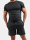 Mens Cotton Solid Color Two Piece Outfits Short Sleeve T-Shirt & Drawstring Shorts Casual Set - Black