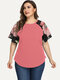 Casual Flowers Raglan Short Sleeve Plus Size Print T-shirt for Women - Pink