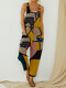 Abstract Art Illustration Print Button Strap Sleeveless Jumpsuit With Pocket - Khaki