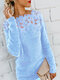 Off Shoulder Lace Crochet Long Sleeve Plus Size Sweater - Blue