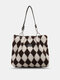 Women Plush Fashion Argyle Pattern Color Matching Winter Handbag Tote - Coffee