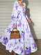 Flower Print Lantern Sleeve Ruched Maxi Dress - Purple