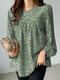 Women Allover Ditsy Floral Print Crew Neck Long Sleeve Blouse - Green
