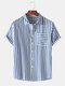 Mens Vertical Striped Short Sleeve Horizontal Striped Pockets Designer Shirts - Dark Blue