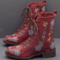 LOSTISY Women Retro Flowers Embroidered Leather Strappy Zipper Block Heel Mid Calf Boots - Red
