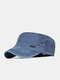 Men Washed Distressed Cotton Solid Color Sutures Letter Metal Label Breathable Sunscreen Military Cap Flat Cap - Blue