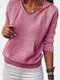 Women Solid Color Long Sleeve Hooded Casual Sweater With Pocket - Pink