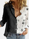 Dog Paw Print Patchwork Long Sleeve Casual Shirt For Women - Black