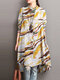 Vintage Print Button High-low Long Sleeve Stand Collar Dress - Yellow