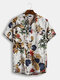 Mens Cotton Tropical Plants Print Short Sleeve Henley Shirt - Beige