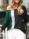 Women Sequins Patchwork Contrast Color Long Sleeve Casual Blouse - Green