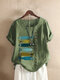 Fish Print Patched Casual Short Sleeve O-Neck Cotton T-shirt For Women - Green