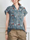 Abstract Pattern Floral Print Short Sleeve Lapel Blouse - Green