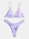 Women Tie Dye Sexy Bikini Triangle Spaghetti Straps High Fork Swimwear - Purple