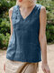 Solid V-neck Sleeveless Casual Tank Top For Women - Blue