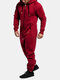 Mens Solid Color Fleece Zipper Front Jumpsuit Home Lounge Hooded Onesies With Pocket - Wine Red