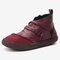 Women Retro Suede Patchwork Strappy V Shape Zipper Flat Ankle Boots - Wine Red