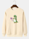 Mens Cartoon Dinosaur Cat Print Crew Neck Pullover Sweatshirts - Apricot