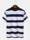 Mens Wide Striped Crew Neck Cotton Loose Short Sleeve T-Shirts - White