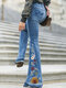 Embroidered Calico Prints Zipper Plus Size Flared Pants For Women - Blue
