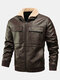 Mens PU Leather Thicken Zip Front Lapel Collar Jackets With Flap Pockets - Brown