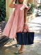 Women Solid Layered Design Ruffle Sleeve Cotton Dress - Pink