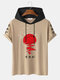 Mens Red Sun Japanese Print Short Sleeve Drawstring Hooded T-Shirts - Khaki
