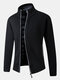 Mens Rib-Knit Zip Front Stand Collar Casual Cotton Cardigans With Pocket - Black