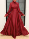 Women Solid Satin Stand Collar Muslim Long Sleeve Maxi Dress - Red