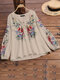 Women Floral Print Stand Collar Half Button Long Sleeve Blouse - Apricot