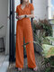 Women Solid Lapel Half Button Short Sleeve Casual Co-ords - Orange