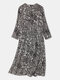 فستان ماكسي بياقة مستديرة وأكمام طويلة وطبعة كلاسيكية للنساء - أسود