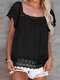 Leisure Solid Patchwork Square Collar Knotted Cotton Blouse - Black