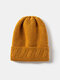 Unisex Knitted Solid Color Jacquard Brimless Flanging Outdoor Warmth Beanie Hat - Yellow