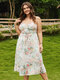 Plus Size Floral Print Lettuce-Edge Tie-up Design Sleeveless Dress - White