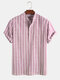 Mens Stripe Short Sleeve Half Button Cotton Casual Henley Shirt - Pink