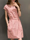 Retro Elastic Waist Short Sleeve Dress - Pink