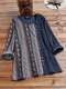 Vintage Printed Long Sleeve O-neck Patchwork Corduroy Blouse For Women - Blue