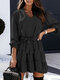 Solid Color Long Sleeve V-neck Knotted Mini Dress For Women - Black