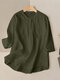 Solid 3/4 Sleeve Pocket Button Front Stand Collar Casual Blouse - Green