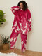 Women Crane Pattern Thick Comfort Flannel Hoodie Pajama Sets - Red