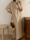 Solid Long Sleeve Round Neck Casual Cotton Maxi Dress - Beige