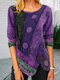 Plus Size Asymmetrical Hem Ethnic Print O-neck Vintage Blouse - Purple