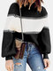 Contrast Color Lantern Sleeve O-neck Sweater For Women - Black