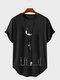 Camisetas de manga corta con dobladillo curvo y estampado de luna de astronauta para hombre - Negro