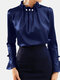 Solid Color Pearl Flared Long Sleeve Ruffled Blouse - Navy