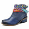Socofy Retro Solid Splicing Handmade Weaving Straps Leather Side Zipper Chunky Heel Short Boots - Blue