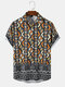 Camicie da uomo a maniche corte in stile etnico con stampa geometrica e patchwork - Nero