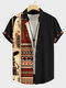 Chemises à manches courtes à revers en patchwork pour hommes avec figure ethnique et imprimé géométrique - Noir