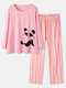 Women Cute Panda Print O-Neck Striped Pants Two-Piece Lounge Home Pajamas Sets - Pink